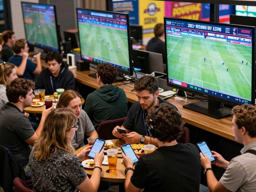 IDNSCORE enthusiasts placing bets during a live sports event in an energetic betting area.