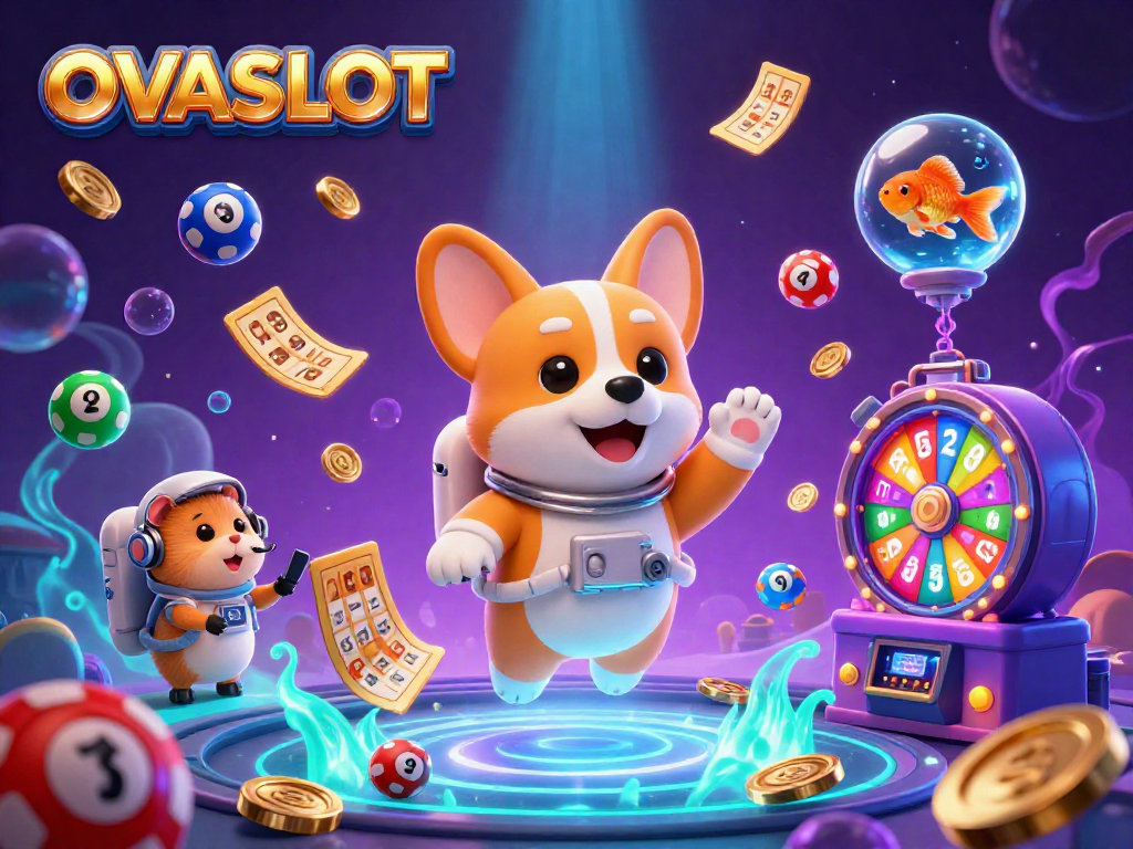 Experience fun at OVASLOT with a playful astronaut corgi and vibrant casino elements.
