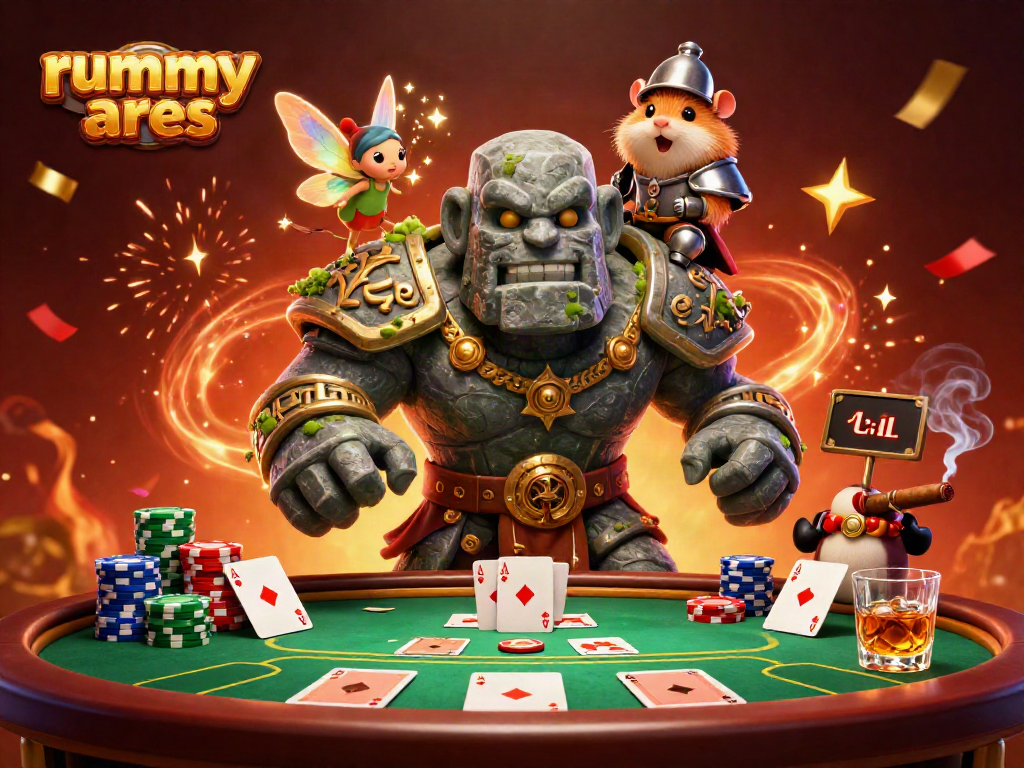 Engage in exciting rummy ares gameplay with animated characters and poker elements in a vibrant 3D scene.