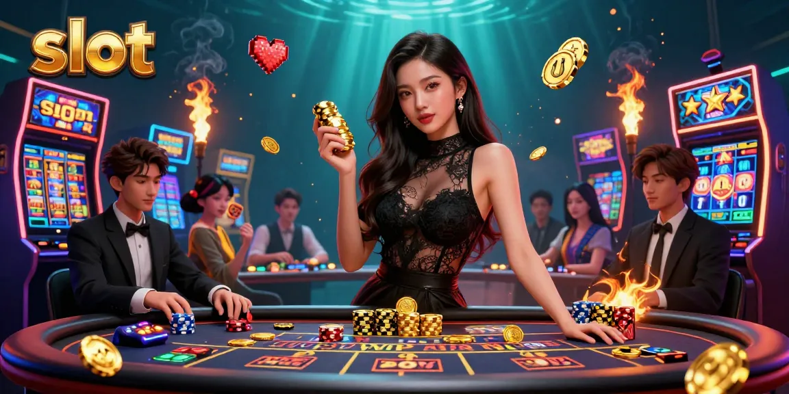 Spin the slot reels for exciting wins with a glamorous Asian woman at a casino.