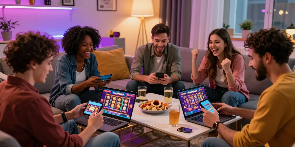 Friends engaged with new online slot sites during a game night at home, showcasing excitement and modern decor.