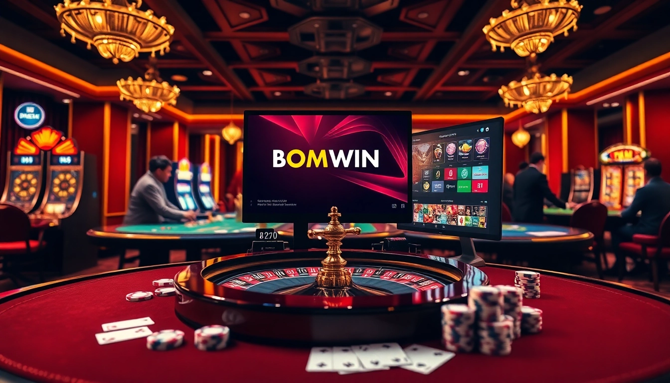 Experience the thrill of Đăng nhập bomwin at an opulent casino setting featuring poker chips, roulette tables, and vibrant slot machines.