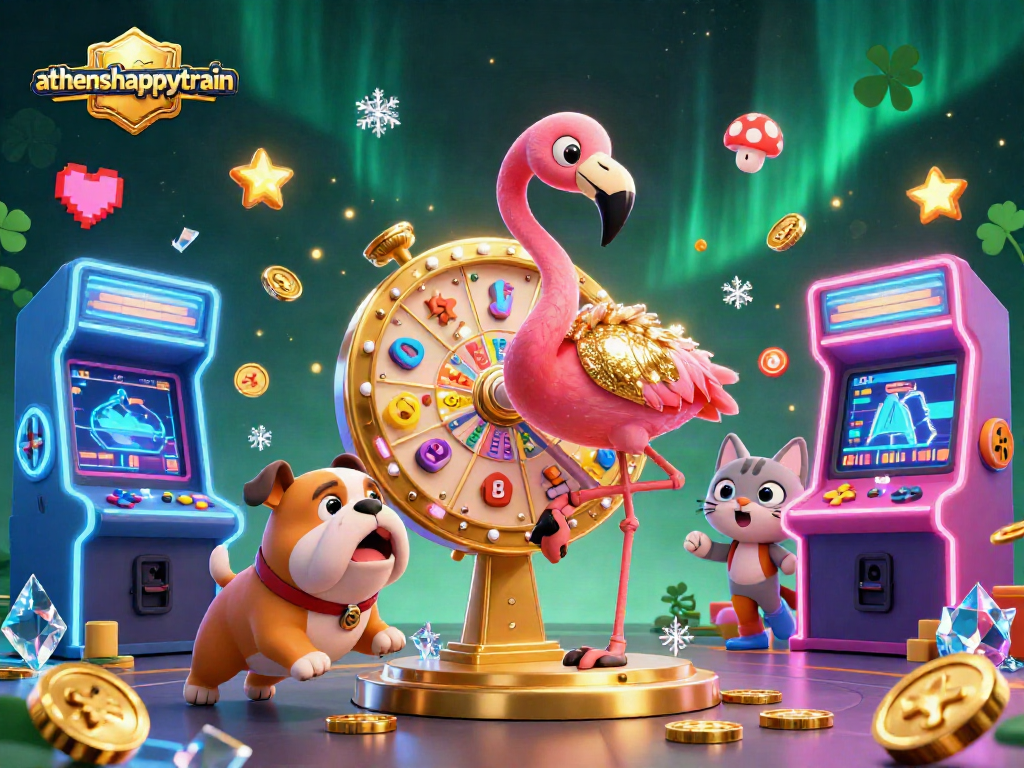 Experience thrilling gaming with athenshappytrain as exciting characters reveal prizes in a vibrant casino scene.