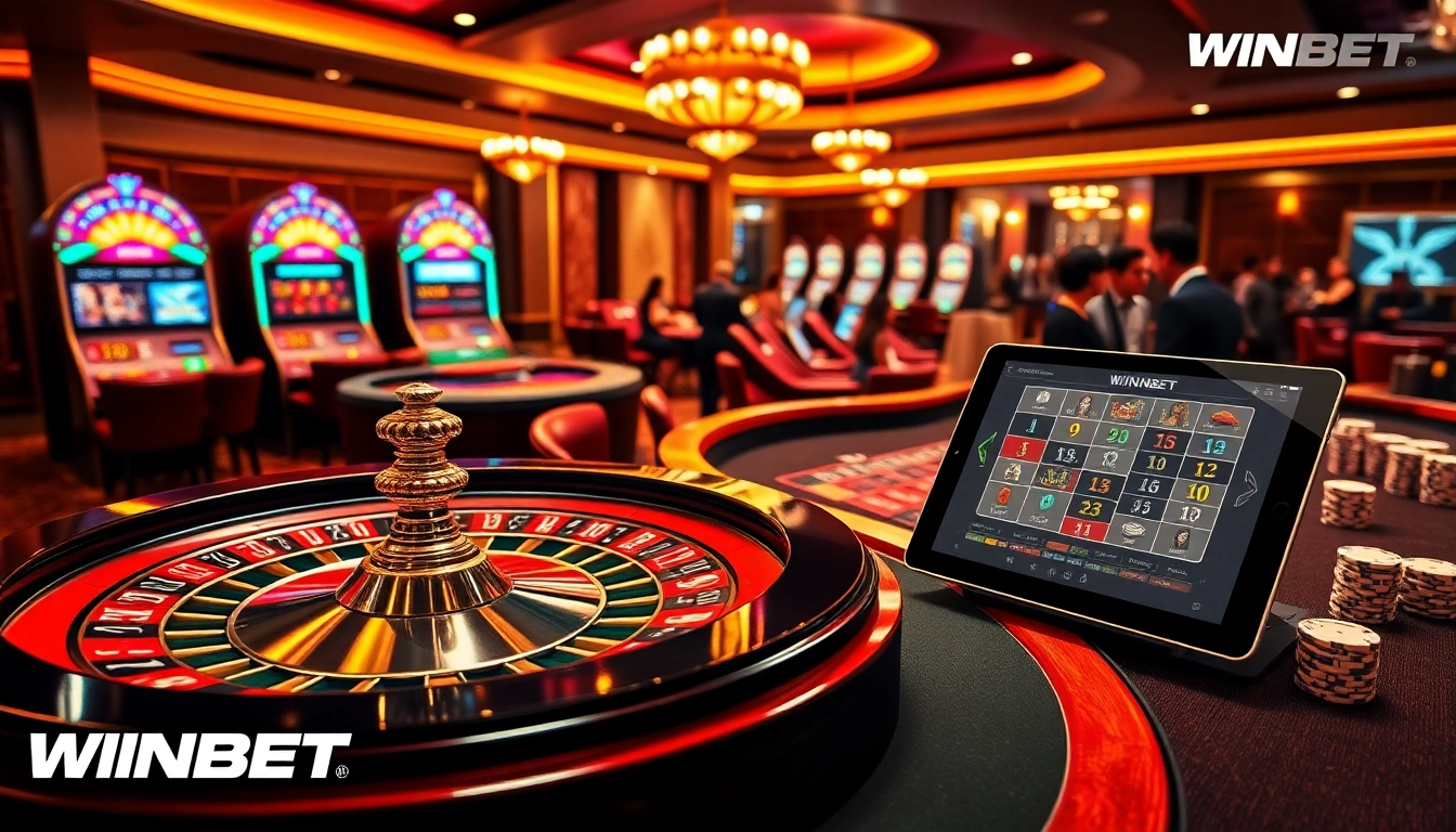 Experience the excitement of WINBET with vibrant casino tables, poker chips, and luxury surroundings.