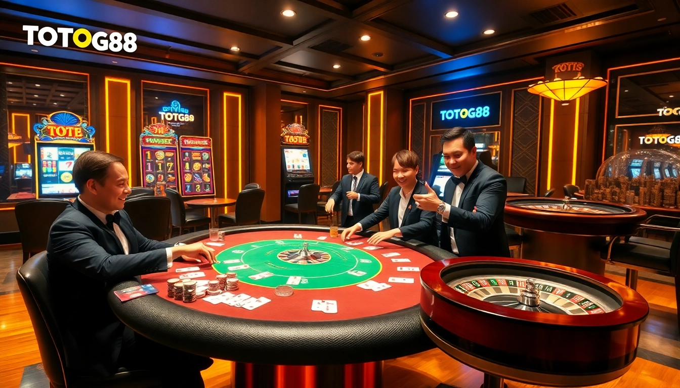 Totogg88 players strategizing at an upscale poker table in a vibrant online casino setting.