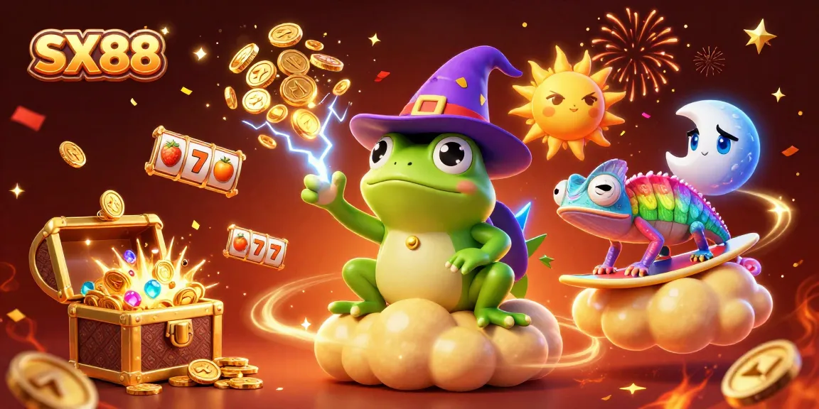 SX88's cartoon wizard frog conjures golden coins with vibrant casino-themed elements in a colorful illustration.