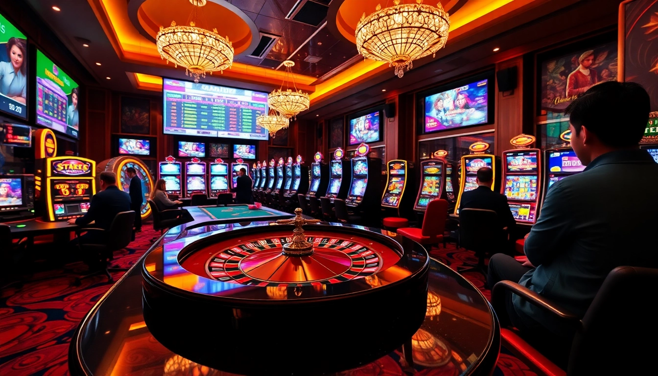 Engage in thrilling action at GG88, featuring luxurious casino tables and vibrant slot machines.