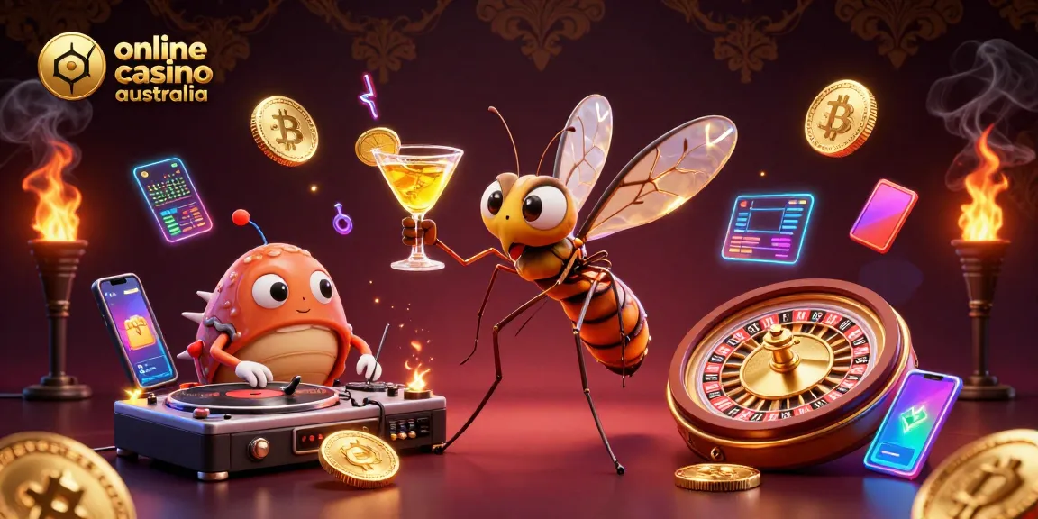 Engage with the vibrant online casino australia scene featuring a frozen mosquito mascot and a trilobite DJ.