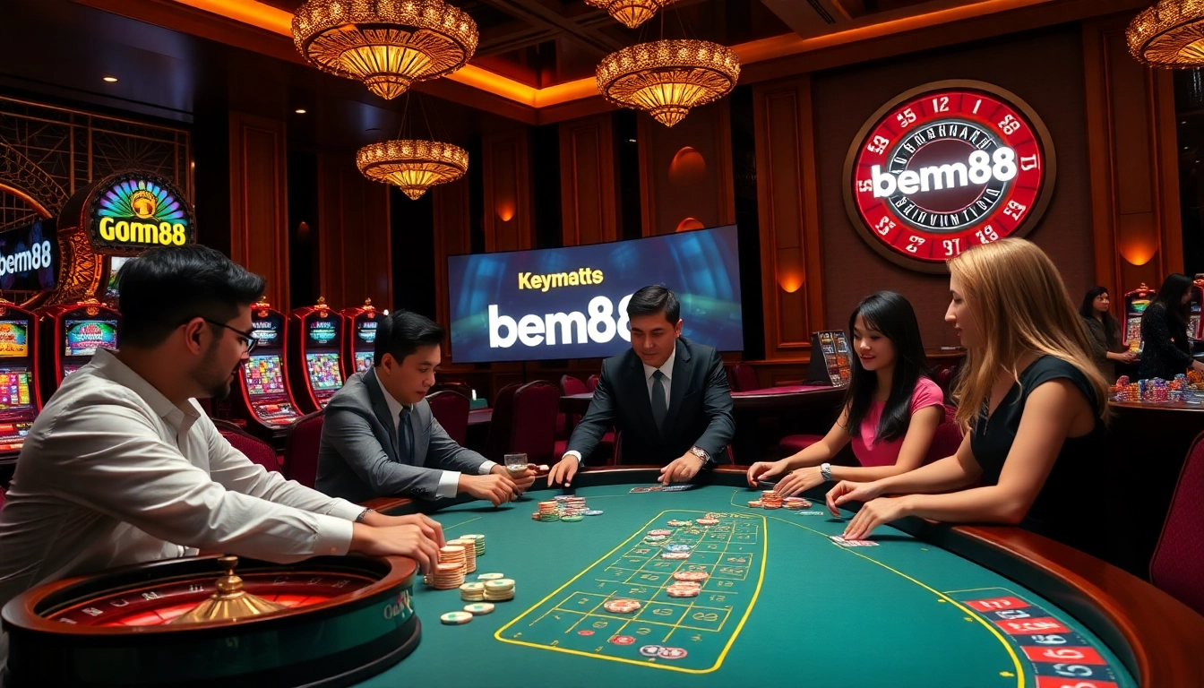 Players enjoying a live dealer game at a casino themed around bem88, showcasing excitement and professional service.