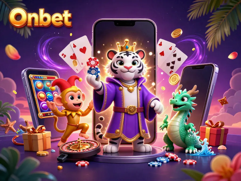 Experience Onbet's thrilling games with a joyful casino scene featuring an elegant tiger and playful monkey.