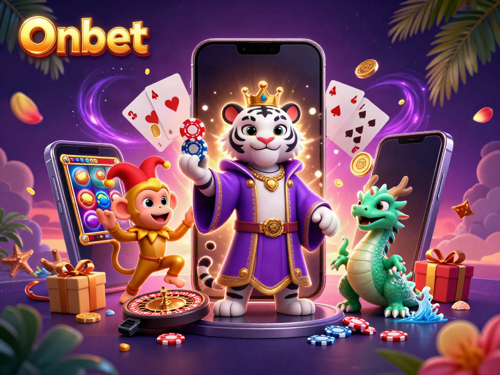 Experience Onbet's thrilling games with a joyful casino scene featuring an elegant tiger and playful monkey.