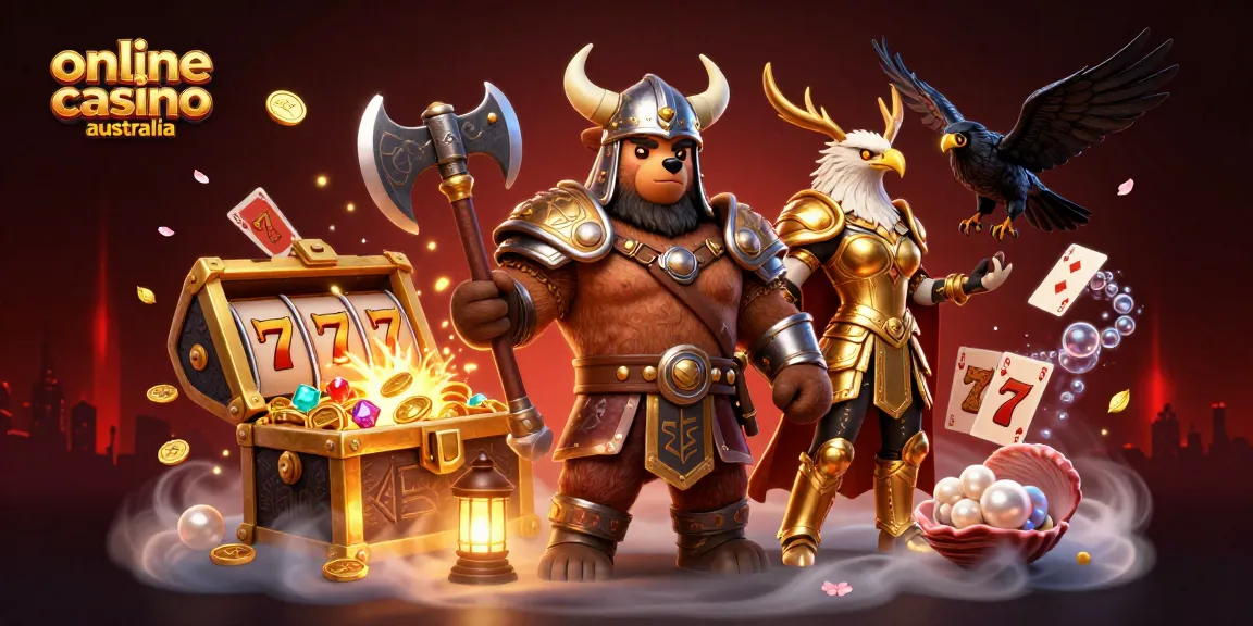 Experience the thrill of an online casino Australia scene with Viking berserker bear, Valkyrie eagle, and treasure.