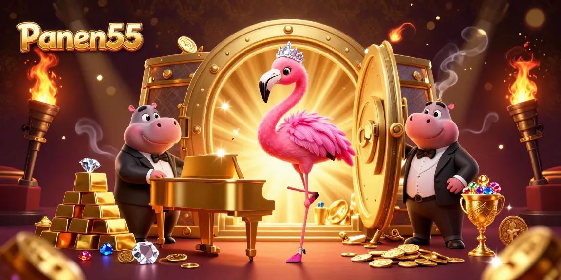 Experience the vibrant Panen55 casino scene with flamingo singer and hippo bassist, celebrating fortune!