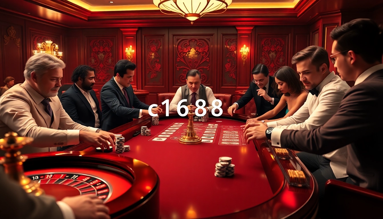 Players enjoying a high-stakes poker game while incorporating c1688 strategies in a luxurious casino setting.