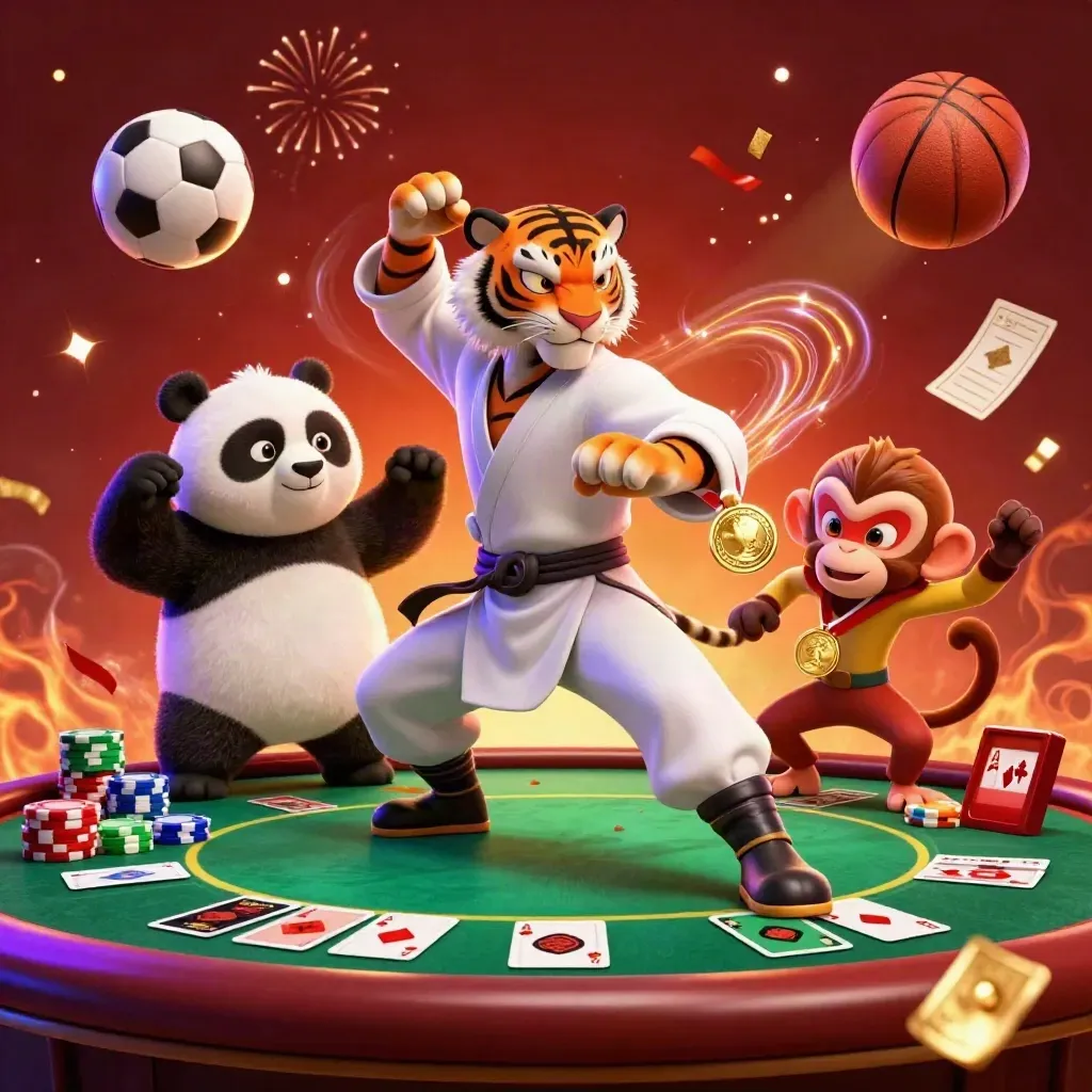Kung-fu tiger, panda, and monkey amid poker chips, balls, fireworks, and neon casino glow