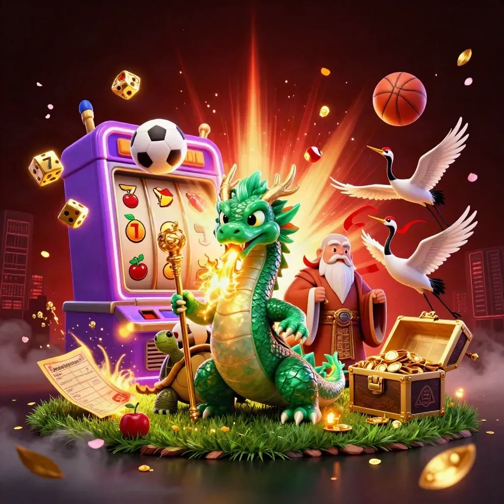 Emerald dragon, turtle sage, cranes, and casino-sports props burst in neon gold and purple light.