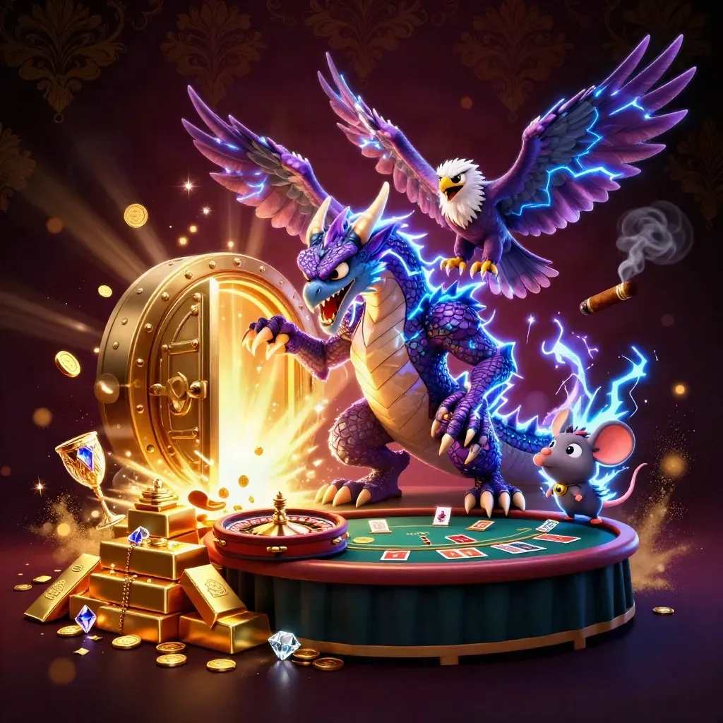 Thunder dragon, wind hawk, and static mouse amid vault gold and casino glow