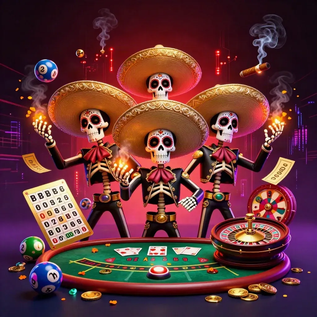 Skeleton mariachi trio in a neon casino scene with lottery balls, roulette wheel, and gold glow