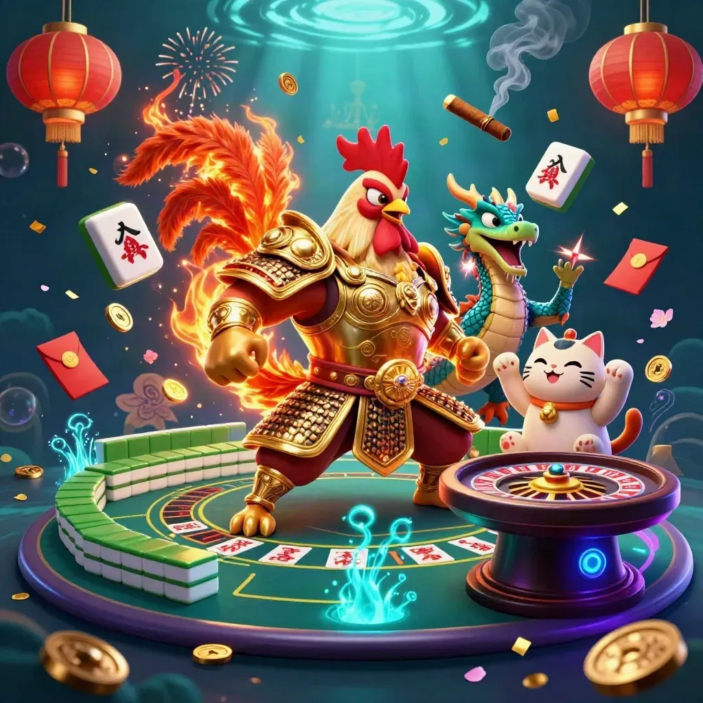 Rooster samurai, spark-breathing dragon, and lucky cat in a neon casino underwater glow