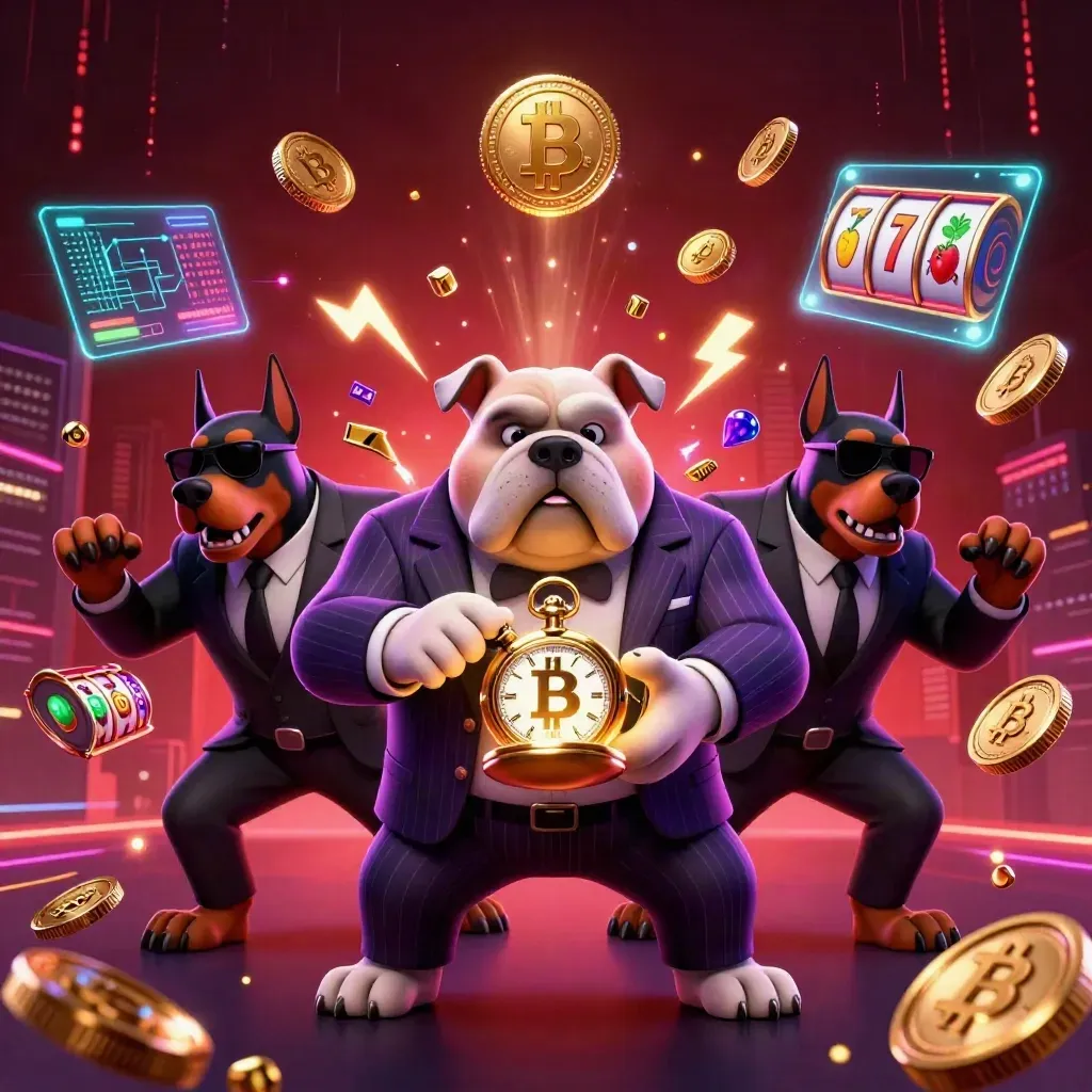 Bulldog mob boss with two Dobermans, neon coins, reels and lightning in a purple casino storm.