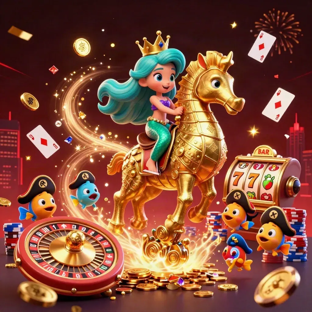 Mermaid princess on a golden seahorse amid coins, gems, cards, chips, and casino magic