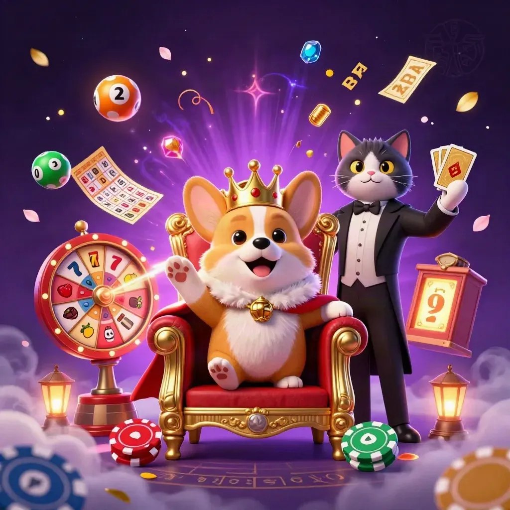 Royal corgi king and cat butler amid glowing casino magic, chips, lottery balls, and prize wheel.
