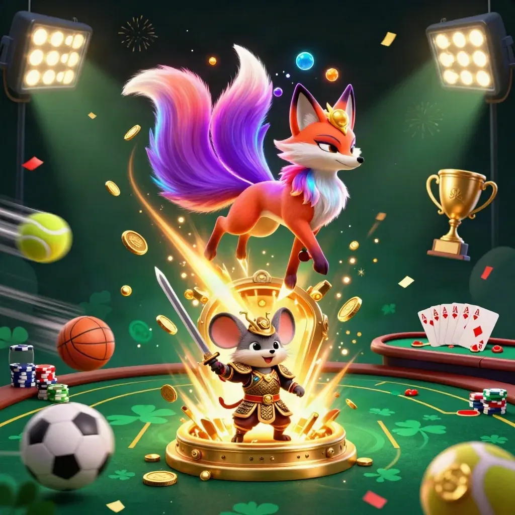 Fox spirit and samurai mouse burst from a vault amid coins, cards, balls, confetti, and fireworks.
