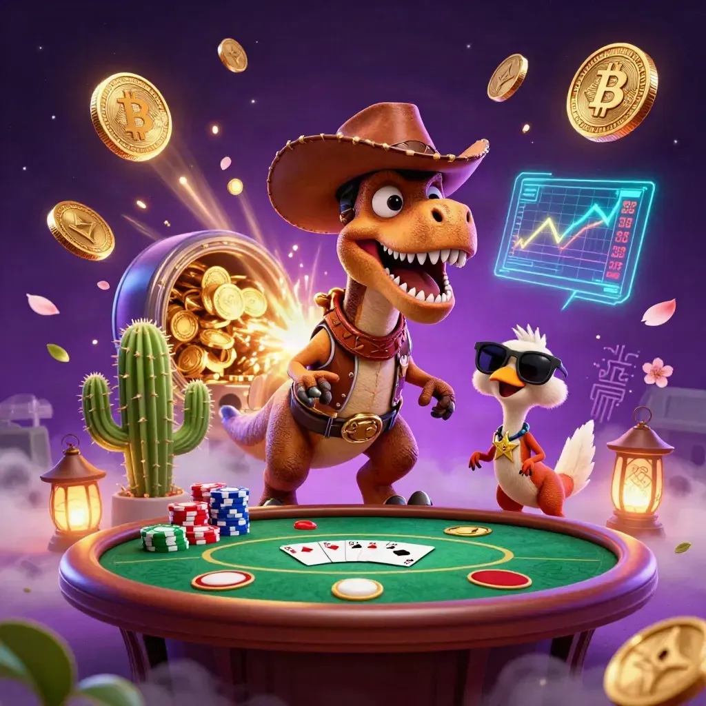 Cowboy T-Rex, cactus, and roadrunner at a glowing poker table amid treasure, coins, and fireworks