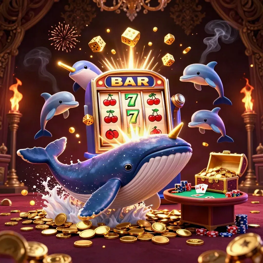 Whale captain, narwhal, dolphins, coins, slot machine, poker chips, and fireworks in neon casino glam.