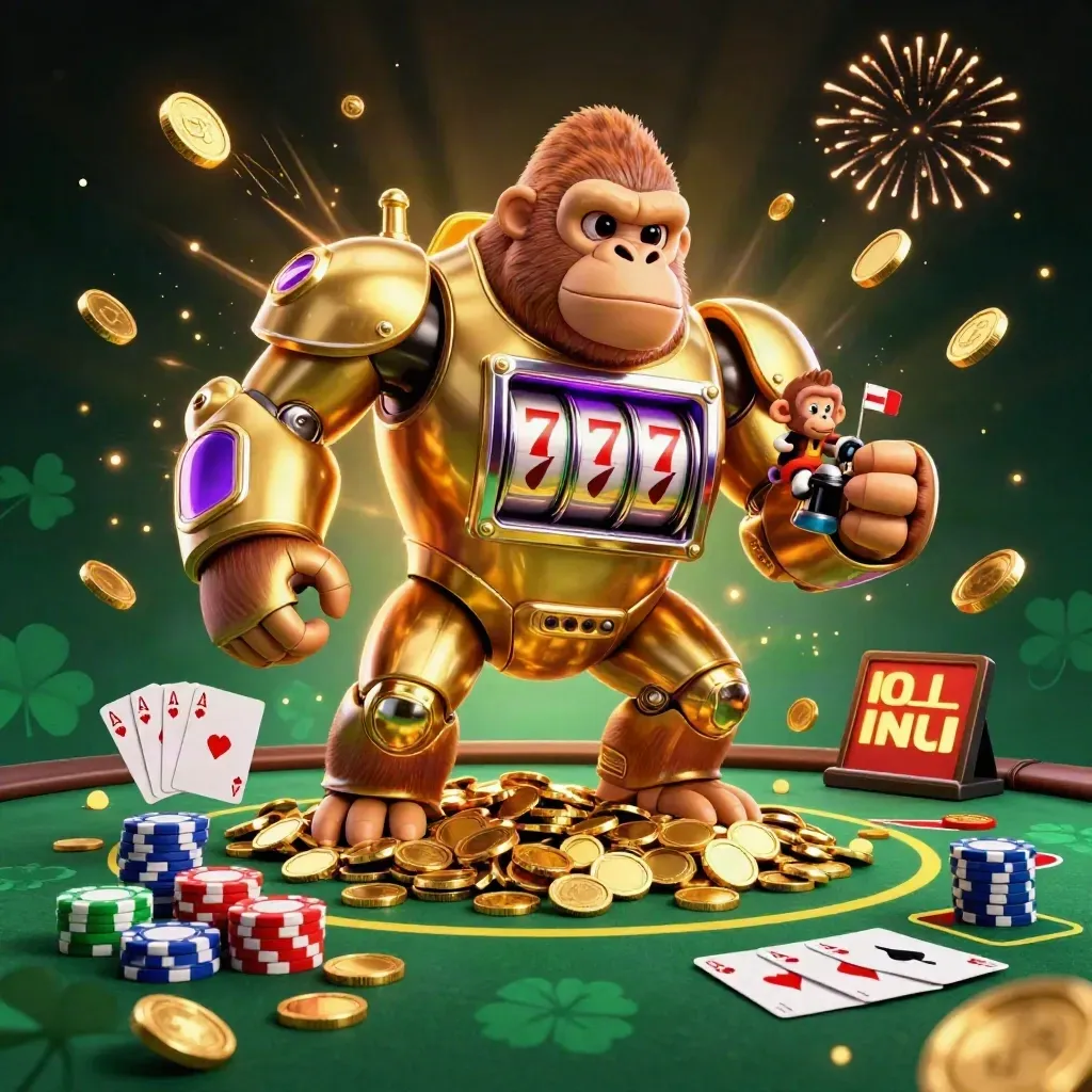 Golden gorilla slot mech with monkey pilot, poker chips, aces, coins and fireworks in neon casino glow