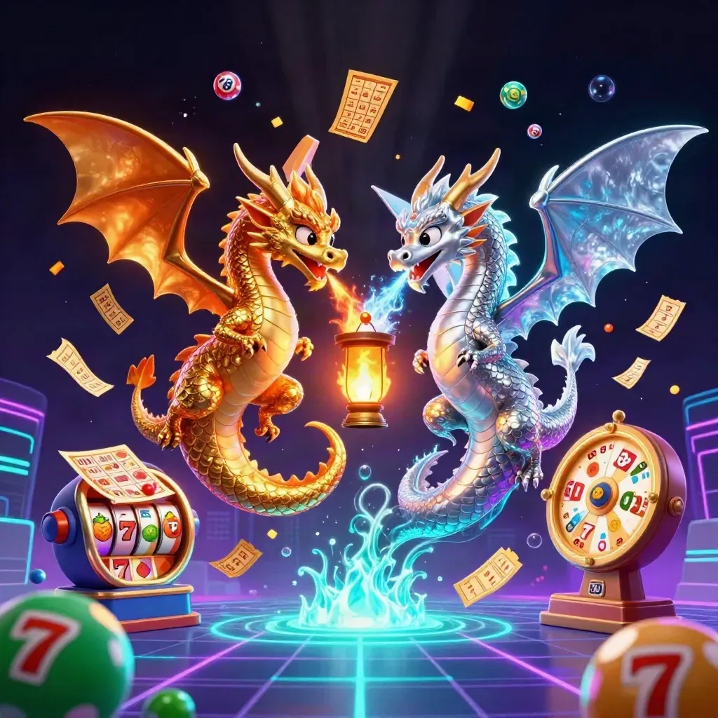 Gold and silver dragons spiral around a lantern spirit, with casino symbols bursting in neon glow.