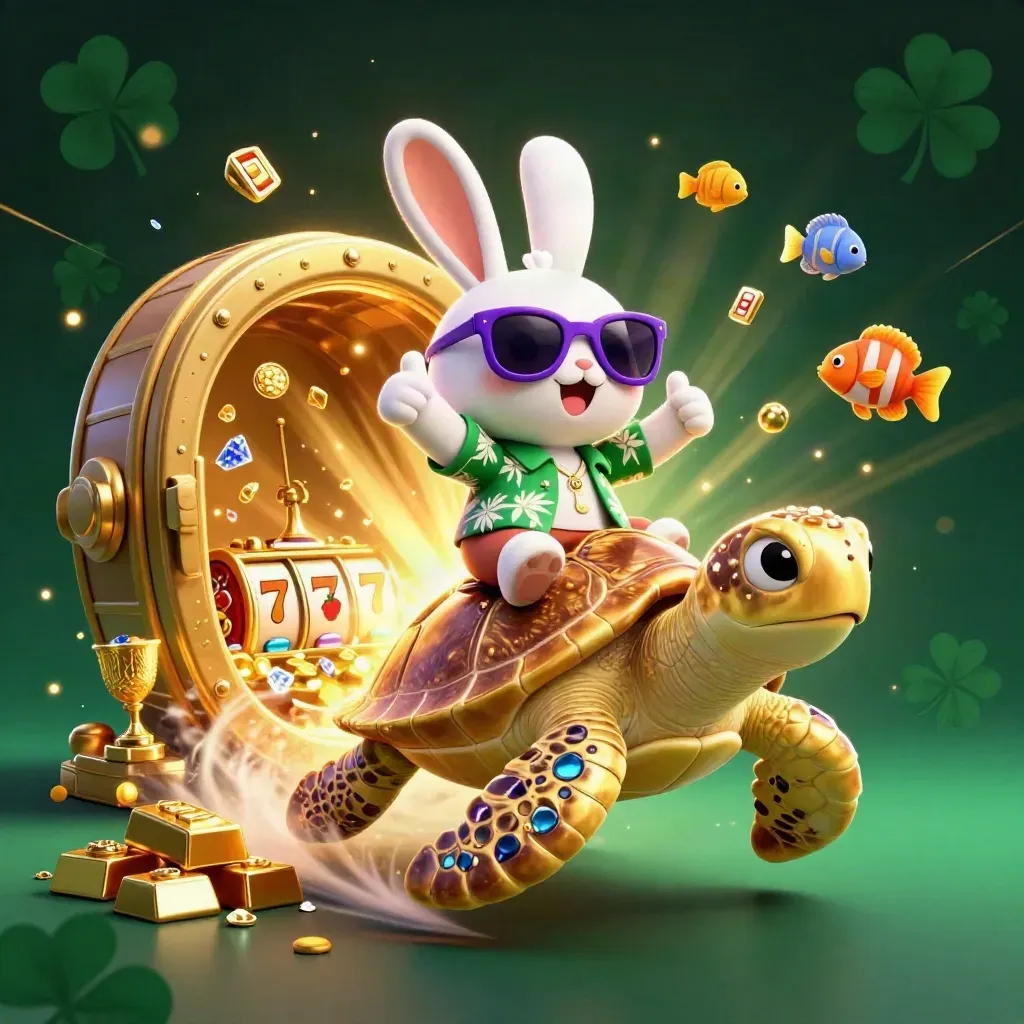 Lucky rabbit on a gold turtle, vault blasting open with coins, gems, and casino symbols in neon glow.