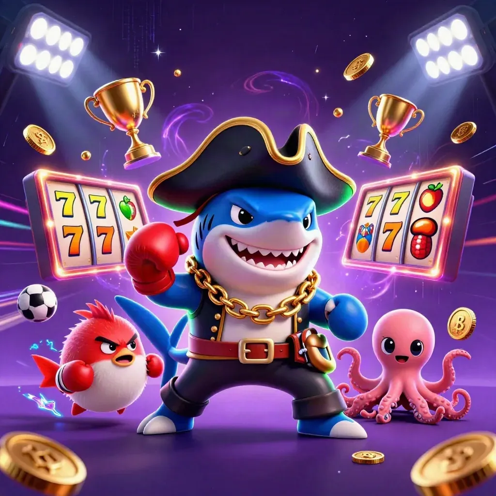 Pirate shark, boxing pufferfish, and juggling octopus amid casino reels, coins, and neon energy