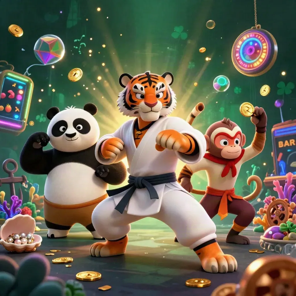 Tiger master, panda disciple, and monkey in a glowing treasure-cove casino scene with slot symbols.