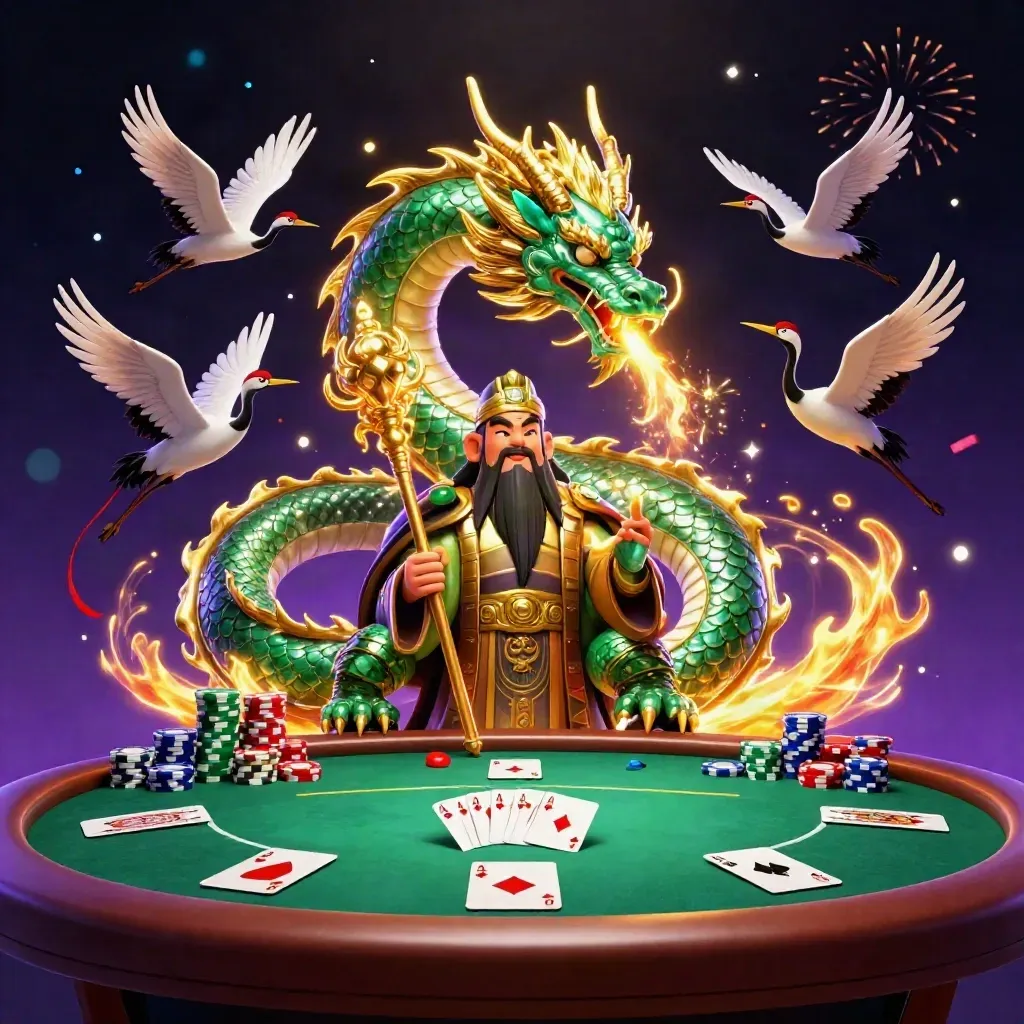 Jade dragon, turtle sage, and cranes amid glowing chips, cards, and casino sparks.