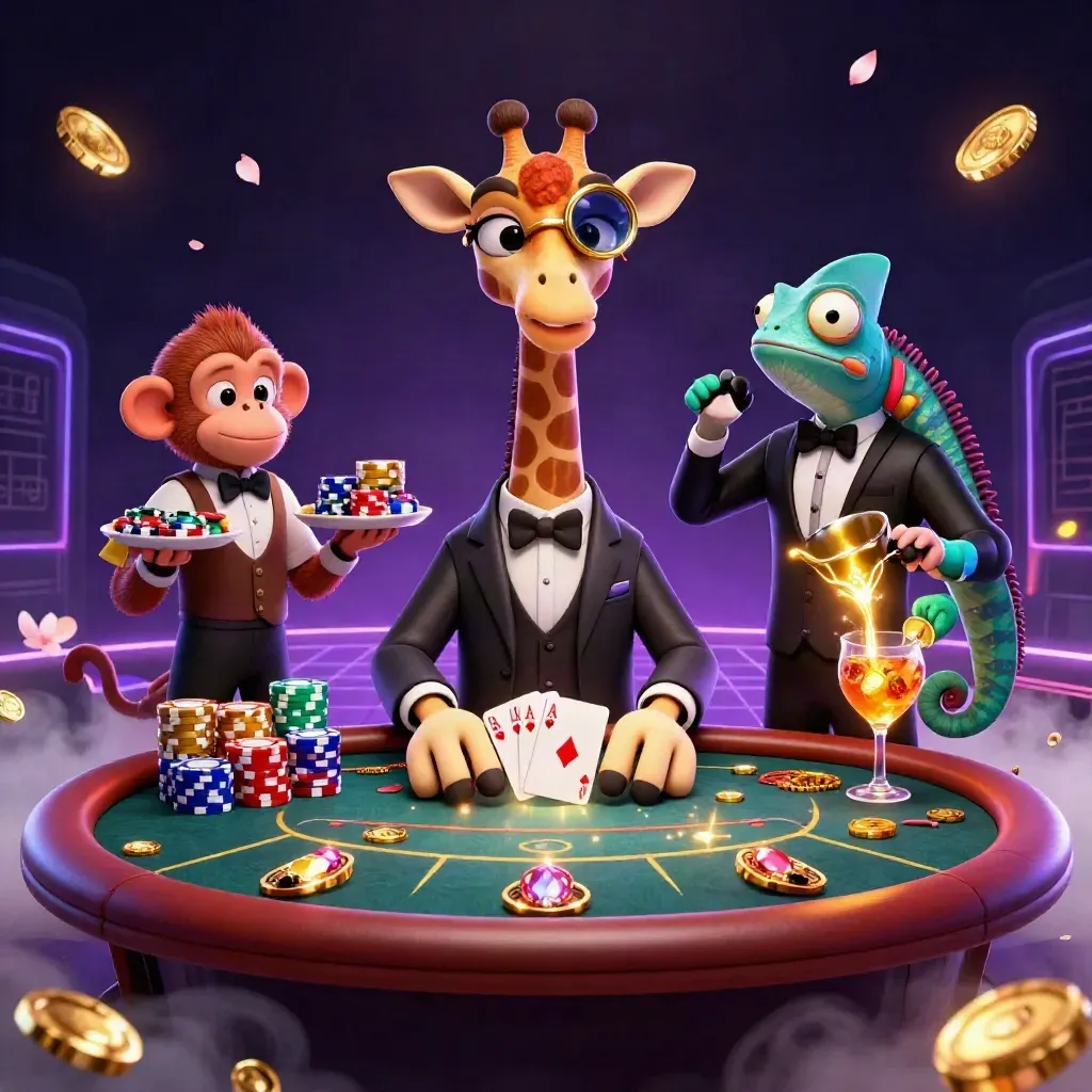 Giraffe, monkey valet, and chameleon bartender at a neon VIP poker table with coins and chips