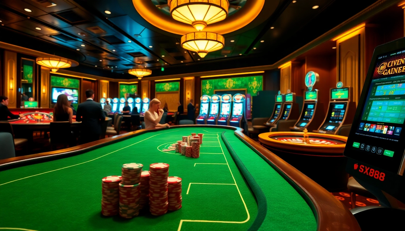 Experience thrilling gameplay at https://sx88.site/ with vibrant casino scenes including poker tables and roulette wheels.