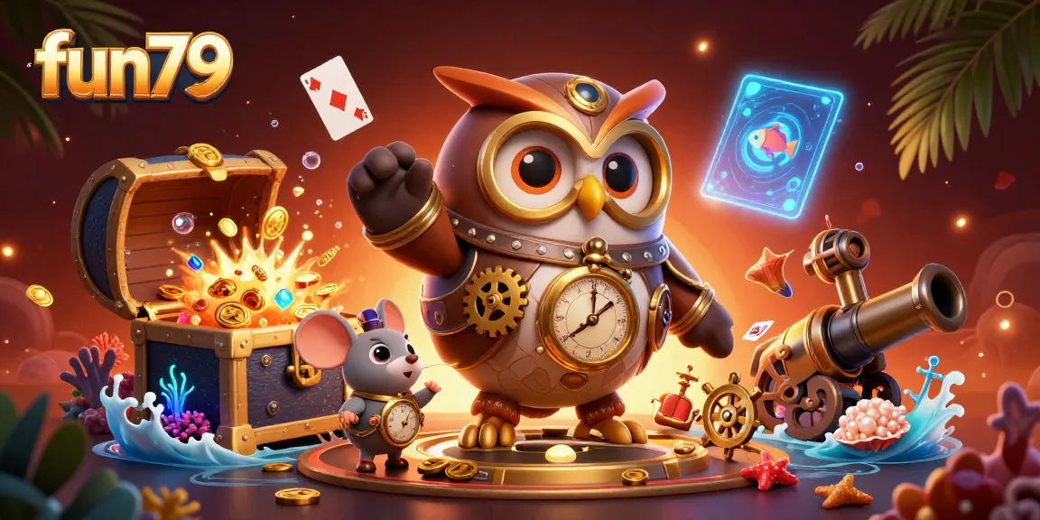 Play exciting games at fun79 with a vibrant 3D scene of mystical characters and casino elements.