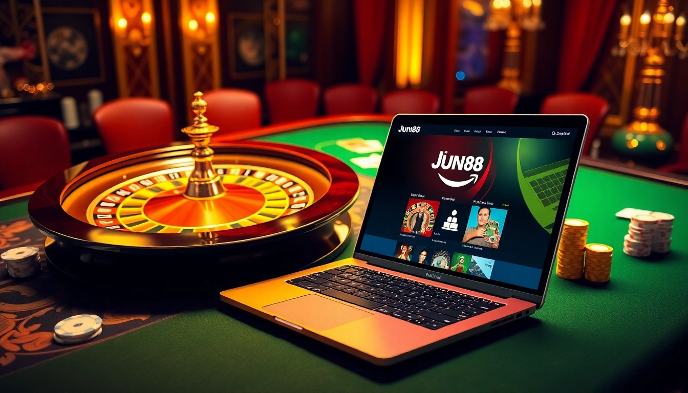 Exciting casino scene featuring jun88 com interface and poker elements.