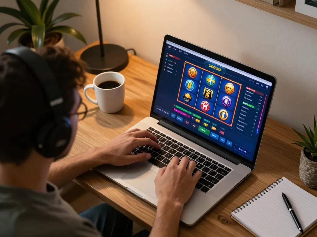 Play slots on UGDEWA website showcasing vibrant games on a laptop at a cozy home desk