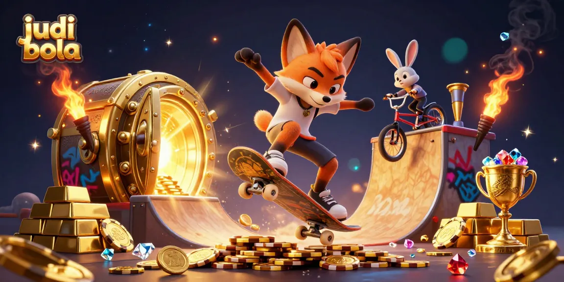 Play judi bola with dynamic scenes featuring a fox on a skateboard and rabbit in a casino setting.