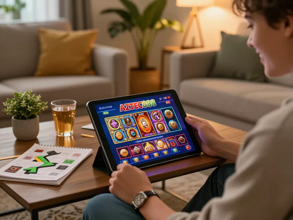 Player enjoying AZTEC888 online slots on tablet in a cozy living room setting, showcasing engaging gameplay