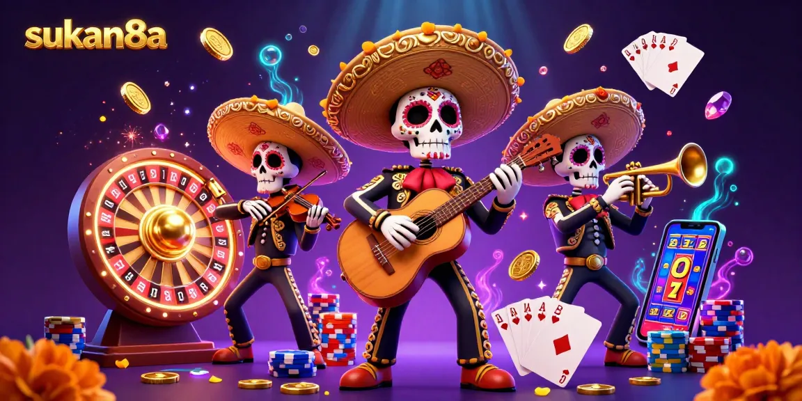 Sukan8a captures the excitement of a vibrant mariachi band in a casino-themed illustration, showcasing golden coins and roulette elements.