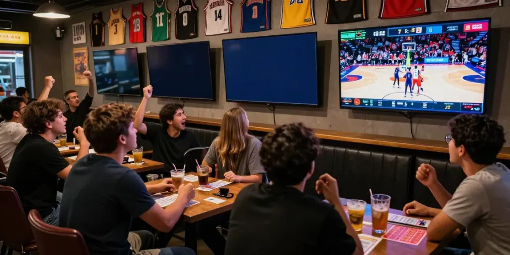 Engaged basketball fans in a vibrant sports bar celebrating live games and betting at Statymu Zona.