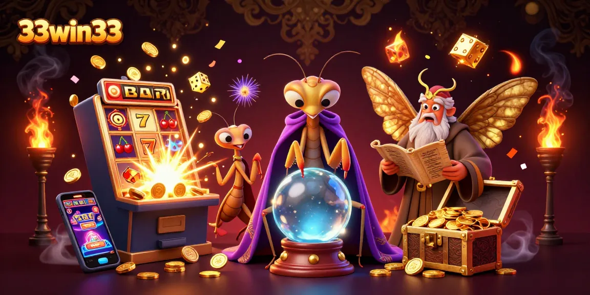 Engage with 33win33 in a vibrant casino scene featuring fortune tellers and explosive jackpots.
