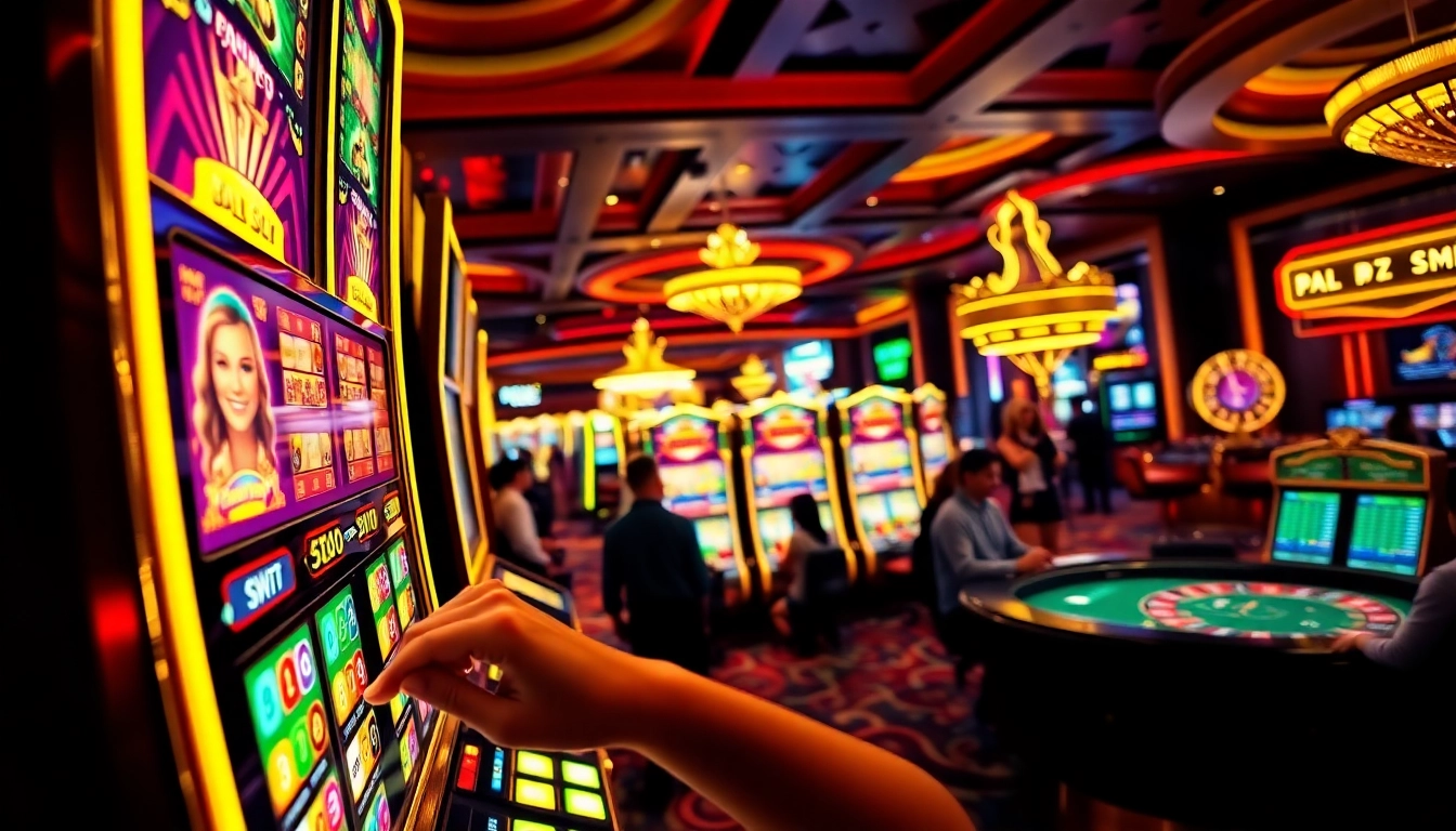 Excited players enjoying slot gacor games at a vibrant casino featuring colorful machines.