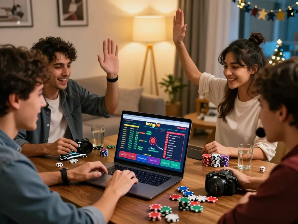 Friends celebrating wins while browsing bong99 online betting site in a lively living room.