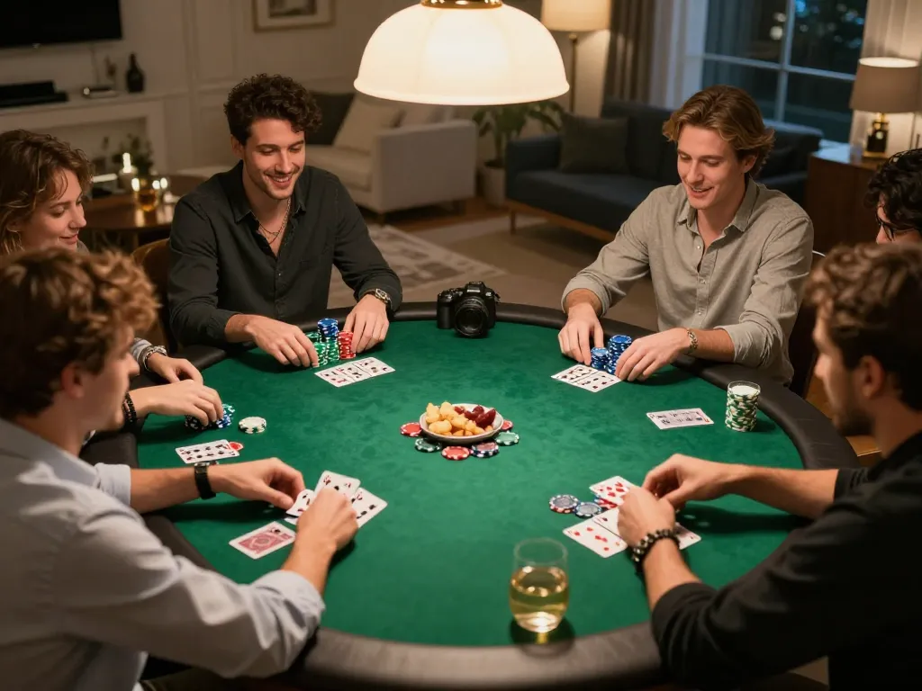 Nego77 poker night in an elegant home setting with engaged players and vibrant chips.