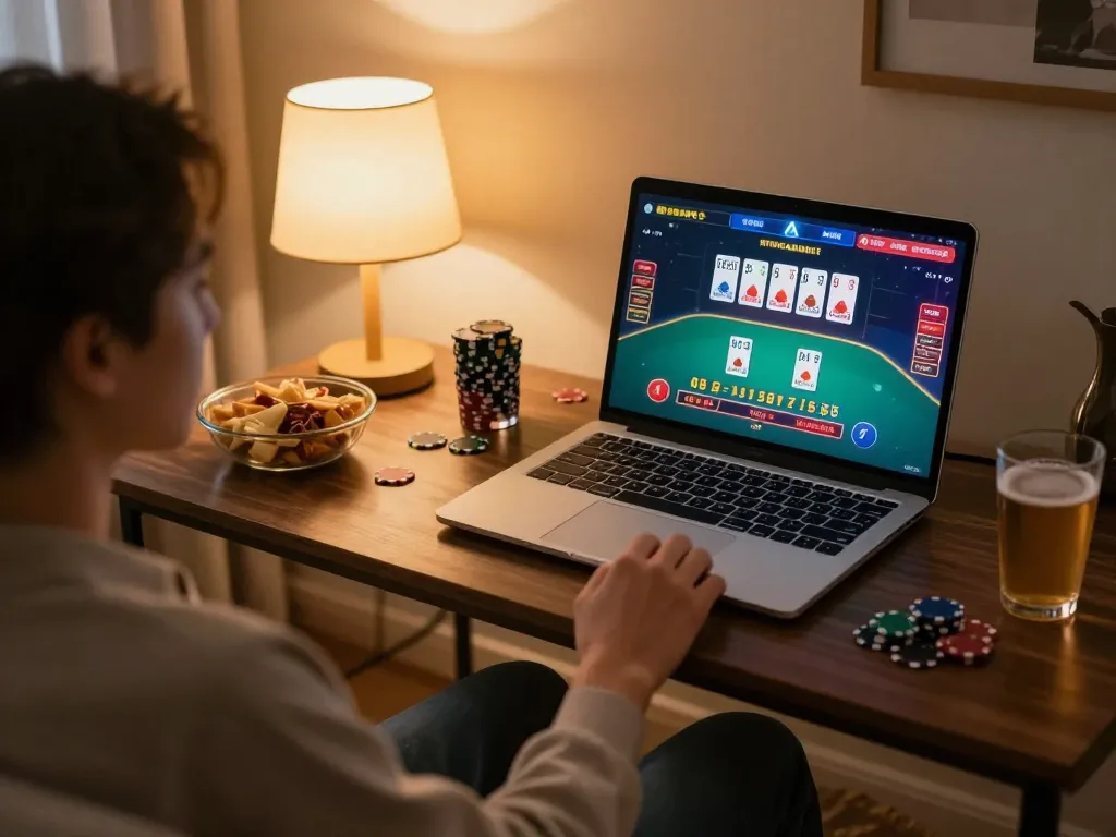 Player enjoying a live dealer game at FB88 from a cozy home setup, showcasing strategic gameplay.
