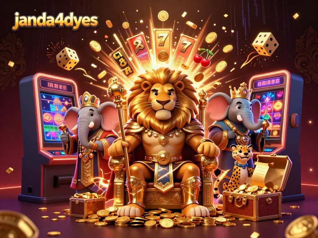 Gambarkan permainan janda4dyes dengan raja singa berlapis emas dan mesin slot penuh jackpot